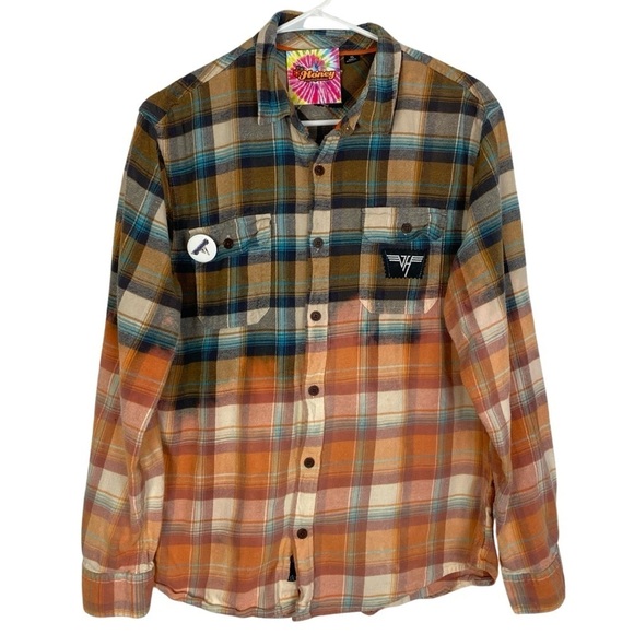 Van Halen Band Flannel Shirt Mens Large Unisex Upcycled Handmade Button Down - Picture 2 of 13